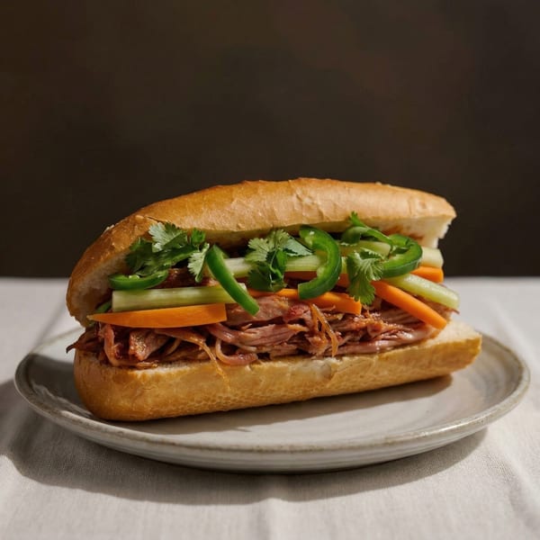 A Vietnamese Banh Mi sandwich with pork, pickled carrots, cucumbers, cilantro, and jalapeños.