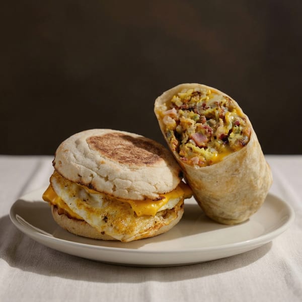Breakfast burrito and egg and cheese English muffin on a white plate.