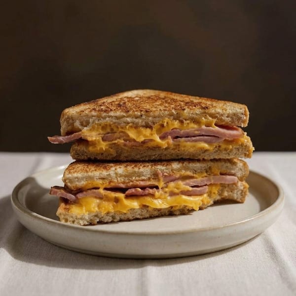 Two halves of a grilled cheese and ham sandwich stacked on a light-colored plate.