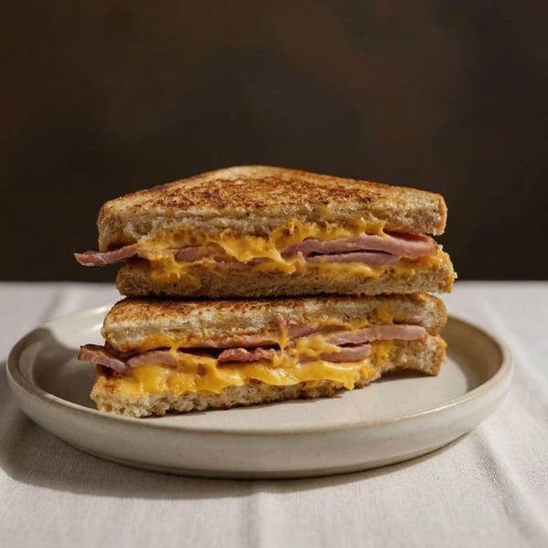 Two halves of a grilled cheese and ham sandwich stacked on a light-colored plate.